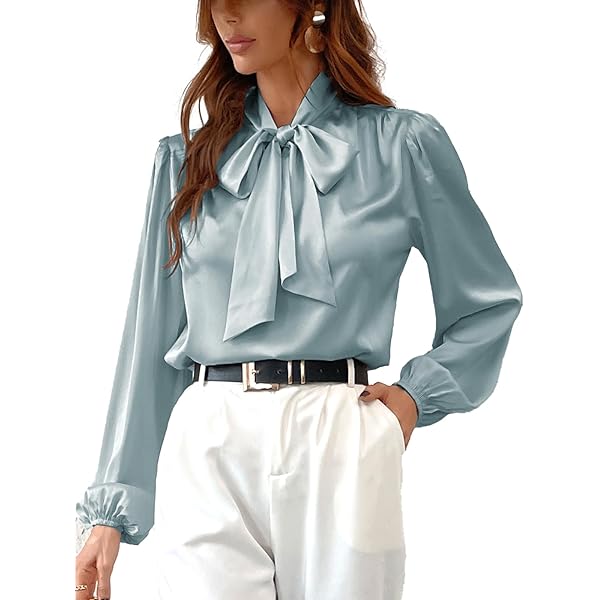 CUPSHE Women's Satin Tops Bow Tie Lantern Long Sleeve Blouses Silk